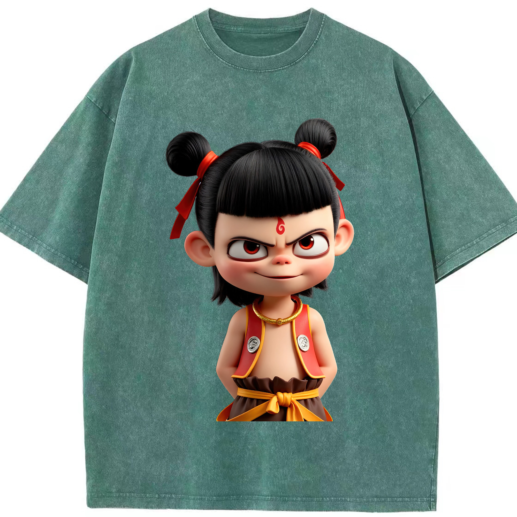 （画像用） Ne Zha 2 ナタ 魔童の大暴れ 綿100% ヴィンテージ風 半袖Tシャツ（フロントプリント）